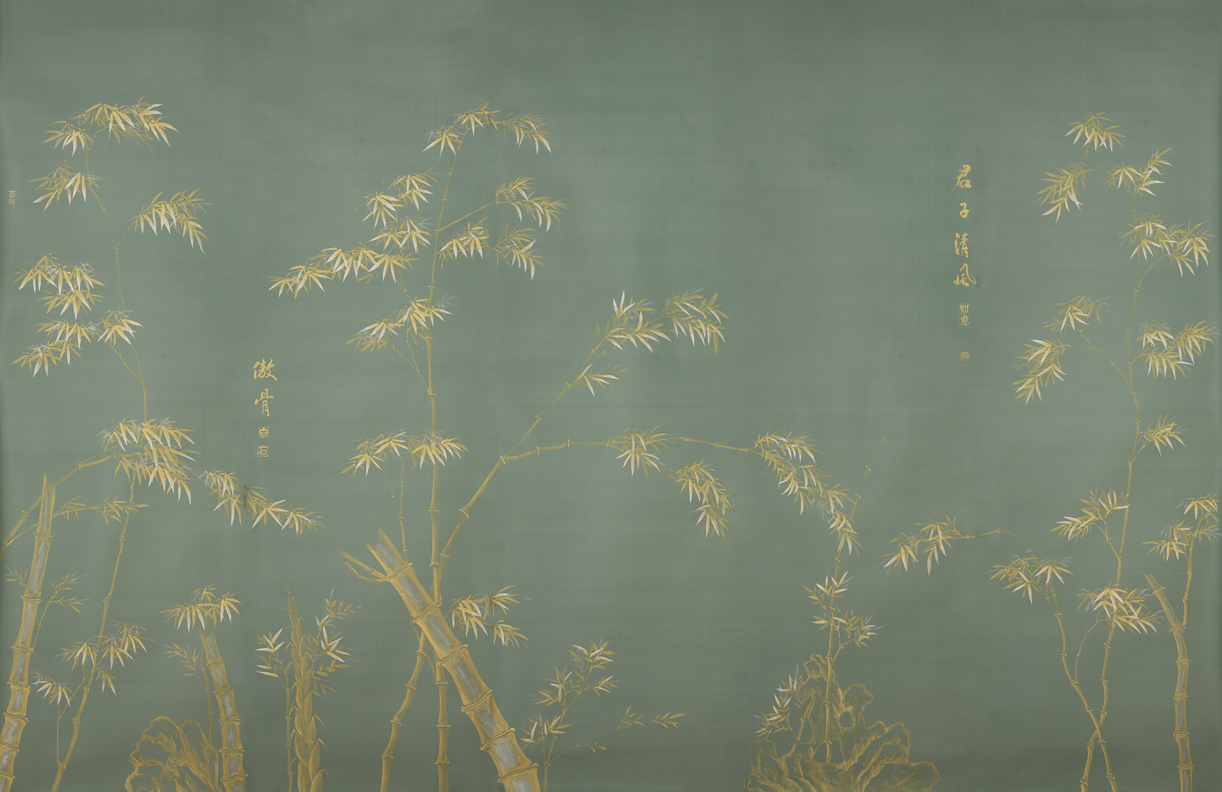 Обои ручная роспись Bamboo Golden on Blue grey dyed silk Обои ручная роспись Bamboo Golden on Blue grey dyed silk - постер Loft-Concept в Липецке
