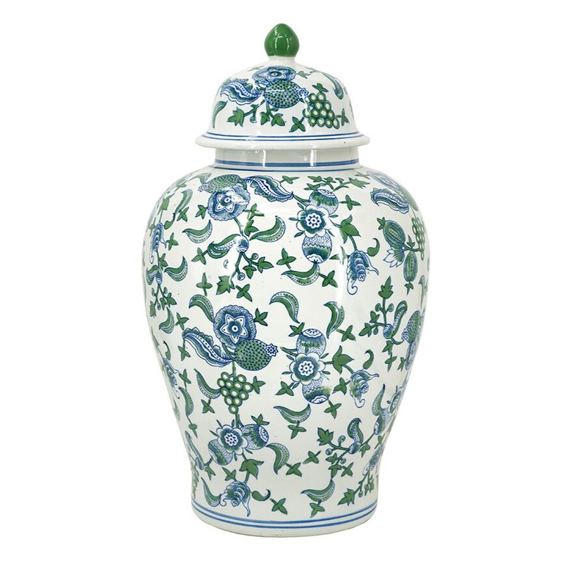 Ваза с крышкой и зелено-голубым цветочным узором на белом фоне Blue & White Ornament Белый Синий Ваза с крышкой и зелено-голубым цветочным узором на белом фоне Blue & White Ornament Белый Синий в Липецке | Loft Concept