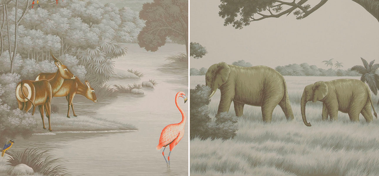 Обои ручная роспись African Savannah Eden on Crystal Grey scenic paper - фото