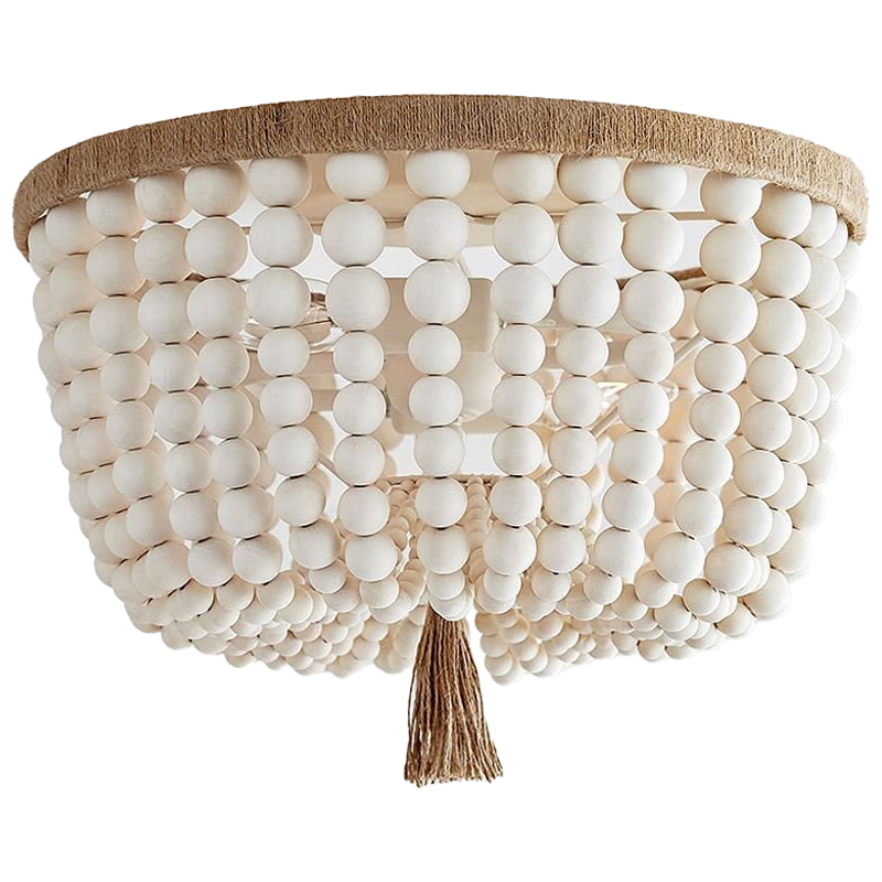 Круглый потолочный светильник украшенный круглыми белыми бусинами Wooden Beads Ceiling lamp Белый Коричневый Круглый потолочный светильник украшенный круглыми белыми бусинами Wooden Beads Ceiling lamp Белый Коричневый в Липецке | Loft Concept
