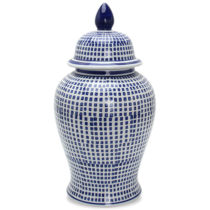 Ваза с крышкой Oriental Blue & White Square Pattern Vase Белый Синий Ваза с крышкой Oriental Blue & White Square Pattern Vase Белый Синий в Липецке | Loft Concept