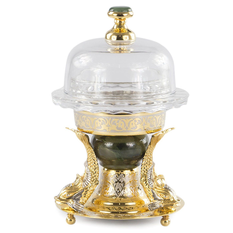 Икорница с декором "Три рыбки" с гравировкой и натуральным камнем Нефрит Decorative Cavair Dishes Золотой Никель Античный зеленый Икорница с декором "Три рыбки" с гравировкой и натуральным камнем Нефрит Decorative Cavair Dishes Золотой Никель Античный зеленый в Липецке | Loft Concept