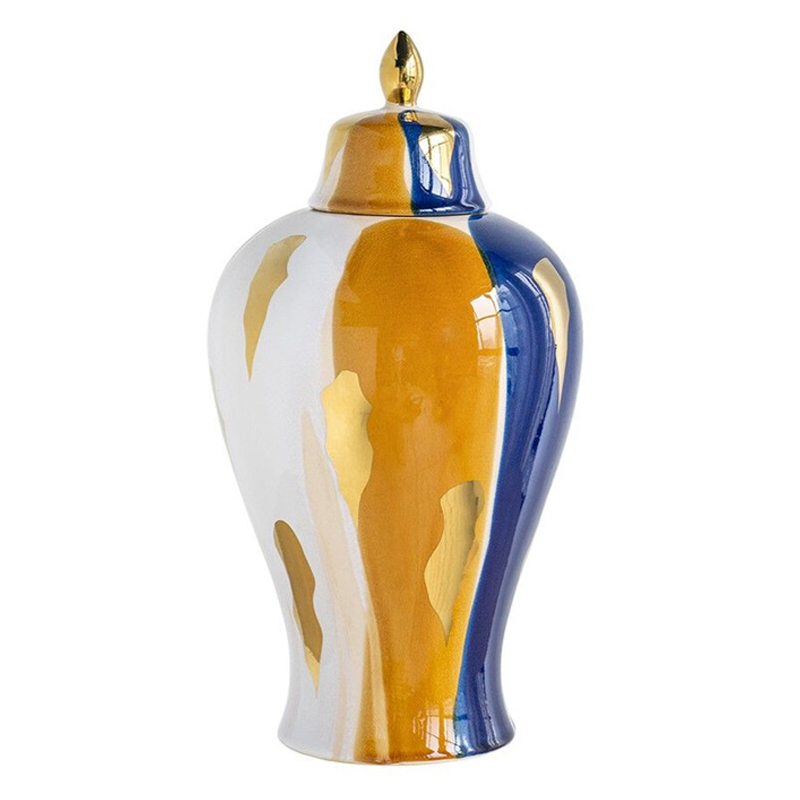 Ваза с крышкой и мазками синего и золого цвета на белом фоне Chinoiserie Ceramics Белый Оранжевый Золотой Синий Ваза с крышкой и мазками синего и золого цвета на белом фоне Chinoiserie Ceramics Белый Оранжевый Золотой Синий в Липецке | Loft Concept