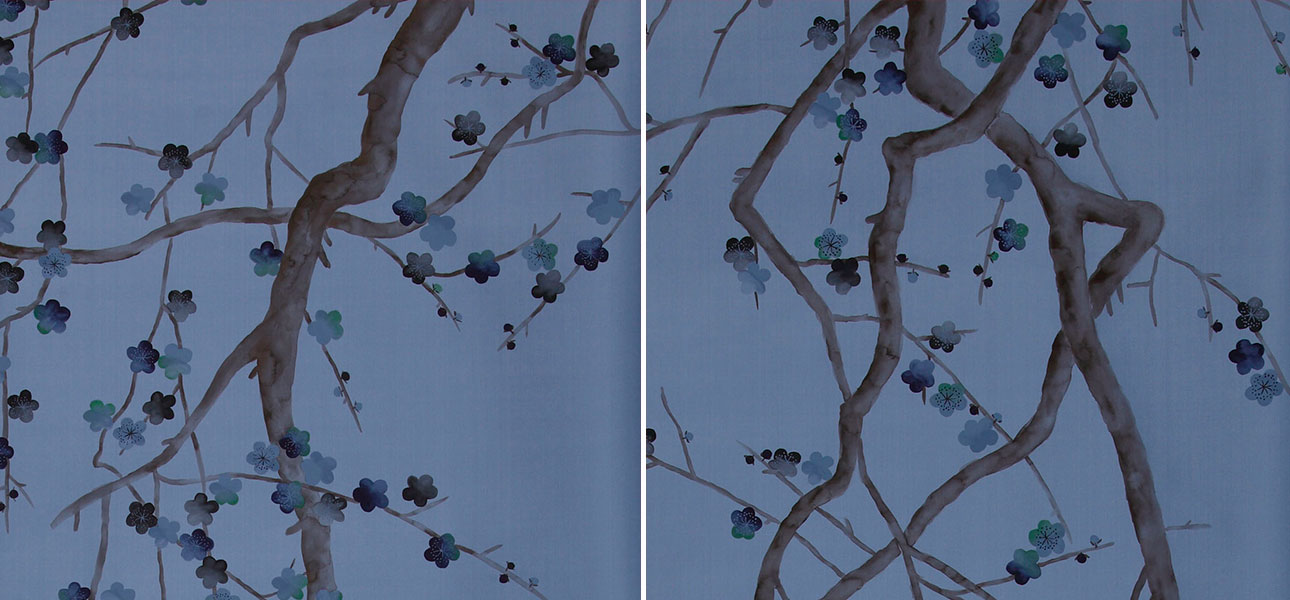 Обои ручная роспись Plum Blossom Special Colourway on Sky Blue dyed silk - фото