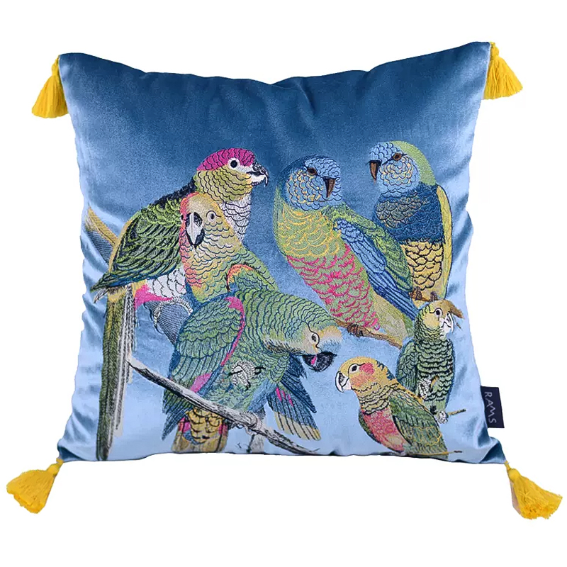 Декоративная подушка с вышивкой Embroidery Parrots Pillow Blue Голубой Мульти Декоративная подушка с вышивкой Embroidery Parrots Pillow Blue Голубой Мульти в Липецке | Loft Concept