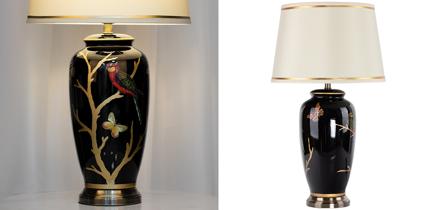 Настольная лампа с абажуром Bird on Golden Branches Black Lampshade - фото