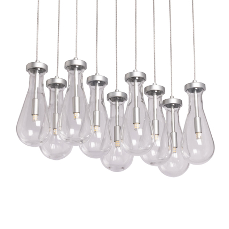 Люстра с 9-ю прозрачными плафонами из стекла в форме капли на прямоугольном потолочном основании цвета хром Lucid Rain  Серебряный Прозрачный в Липецке | Loft Concept 