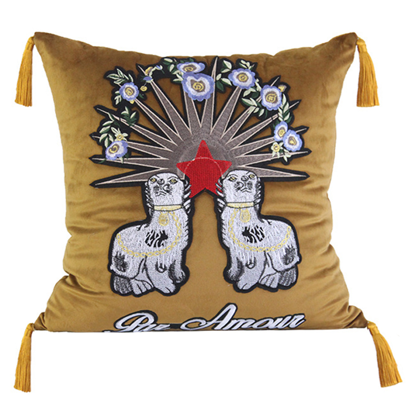 Декоративная подушка с вышивкой Стиль Gucci Two Dogs Cushion Горчичный Золотой Мульти Декоративная подушка с вышивкой Стиль Gucci Two Dogs Cushion Горчичный Золотой Мульти в Липецке | Loft Concept