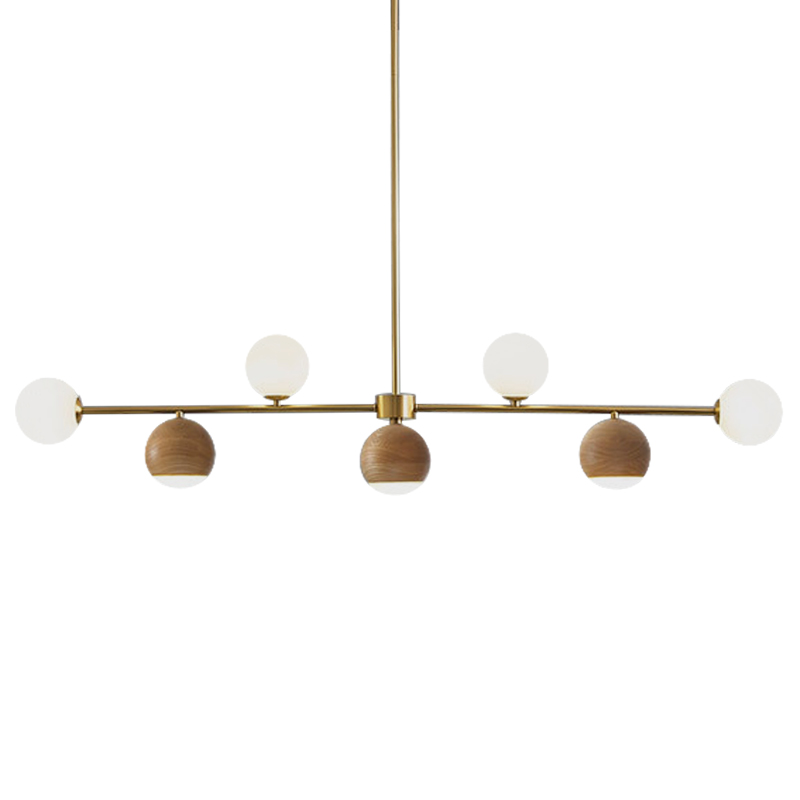 Линейная люстра Theo Metal Wooden Linear Chandelier Коричневый Латунь Белое матовое стекло Линейная люстра Theo Metal Wooden Linear Chandelier Коричневый Латунь Белое матовое стекло в Липецке | Loft Concept