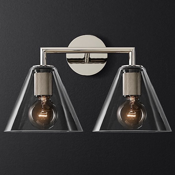 Бра RH Utilitaire Funnel Shade Double Sconce Silver Прозрачное Стекло Никель Бра RH Utilitaire Funnel Shade Double Sconce Silver Прозрачное Стекло Никель в Липецке | Loft Concept