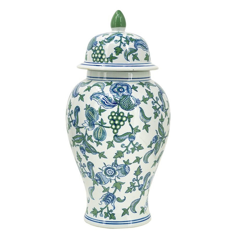 Ваза с крышкой и зелено-голубым рисунком на белом фоне 51 см Blue & White Ornament Белый Синий в Липецке | Loft Concept 
