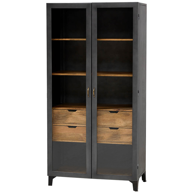 Шкаф металлический в стиле лофт с деревянными ящиками Russell Cabinet Графитовый Древесина Латунь Шкаф металлический в стиле лофт с деревянными ящиками Russell Cabinet Графитовый Древесина Латунь в Липецке | Loft Concept