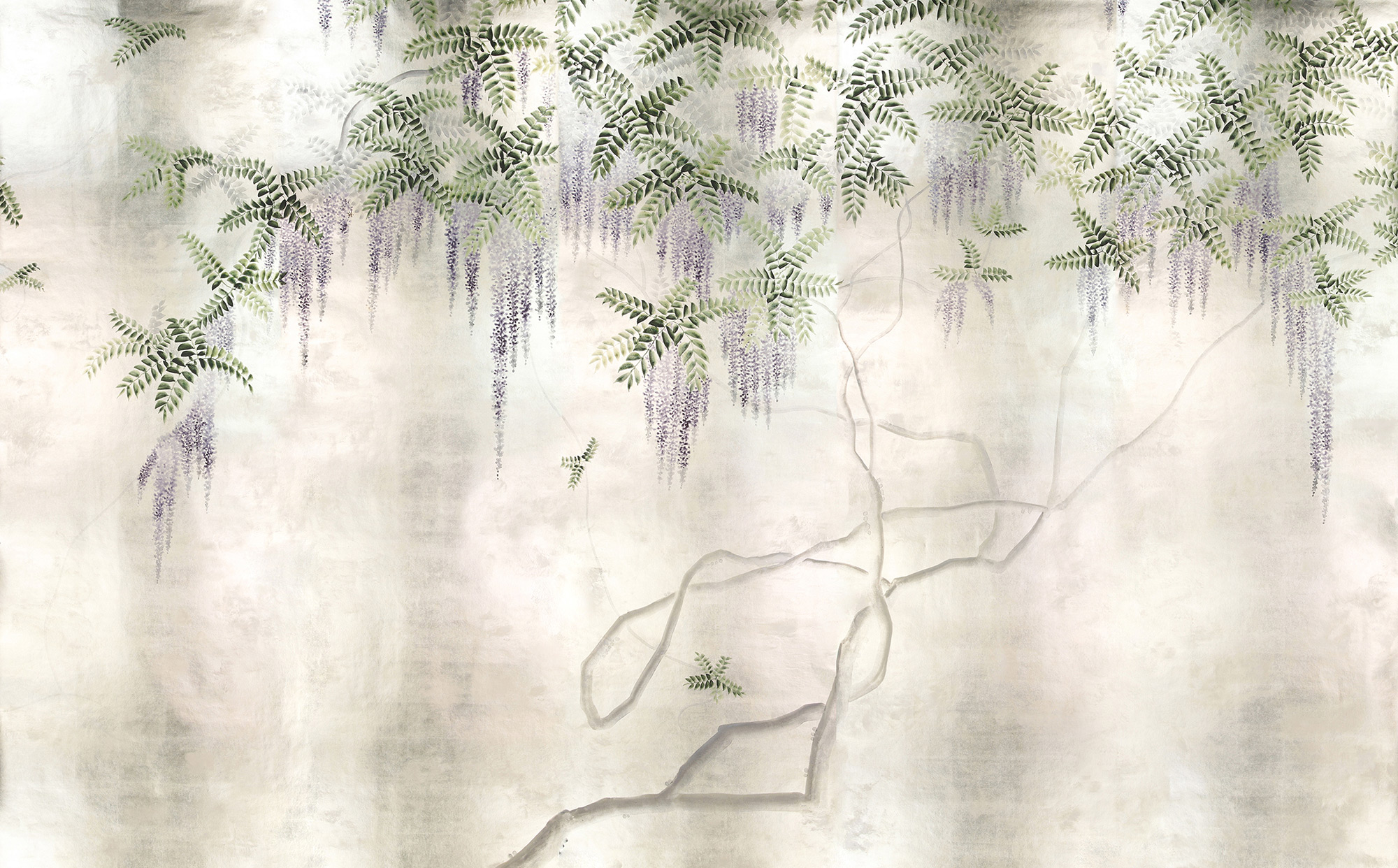 Обои в японском стиле Wisteria Lavender on White Metal gilded paper with pearlescent antiquing Обои в японском стиле Wisteria Lavender on White Metal gilded paper with pearlescent antiquing - постер Loft-Concept в Липецке