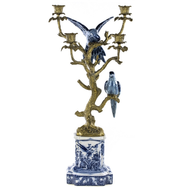 Подсвечник Blue & White Porcelain Bronze Parrots Белый Синий Бронза Подсвечник Blue & White Porcelain Bronze Parrots Белый Синий Бронза в Липецке | Loft Concept