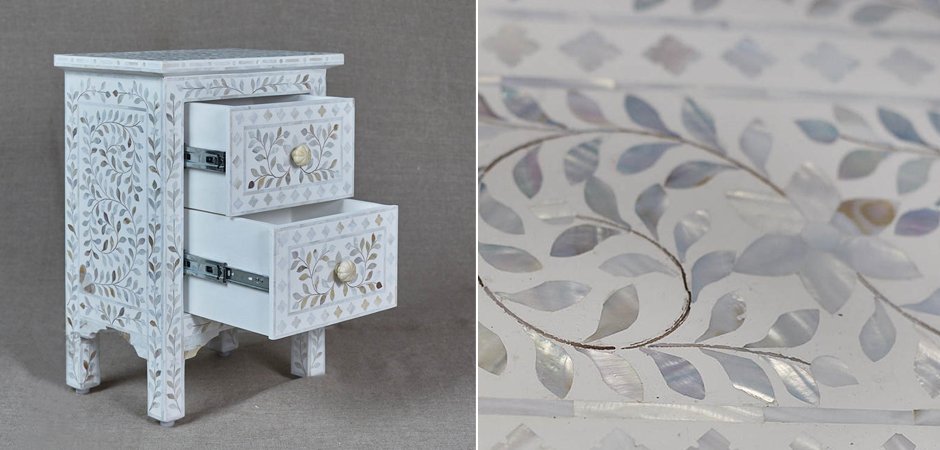 Тумба инкрустация перламутром Inlaid Bone White c 2 ящиками Тумба инкрустация перламутром Inlaid Bone White c 2 ящиками - Loft-Concept в Липецке