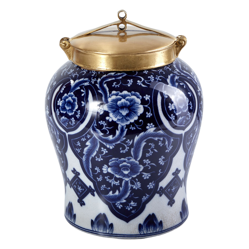 Ваза с насыщенным синим орнаментом и золотой крышкой Blue & White Ornament  Белый Синий Золотой в Липецке | Loft Concept 