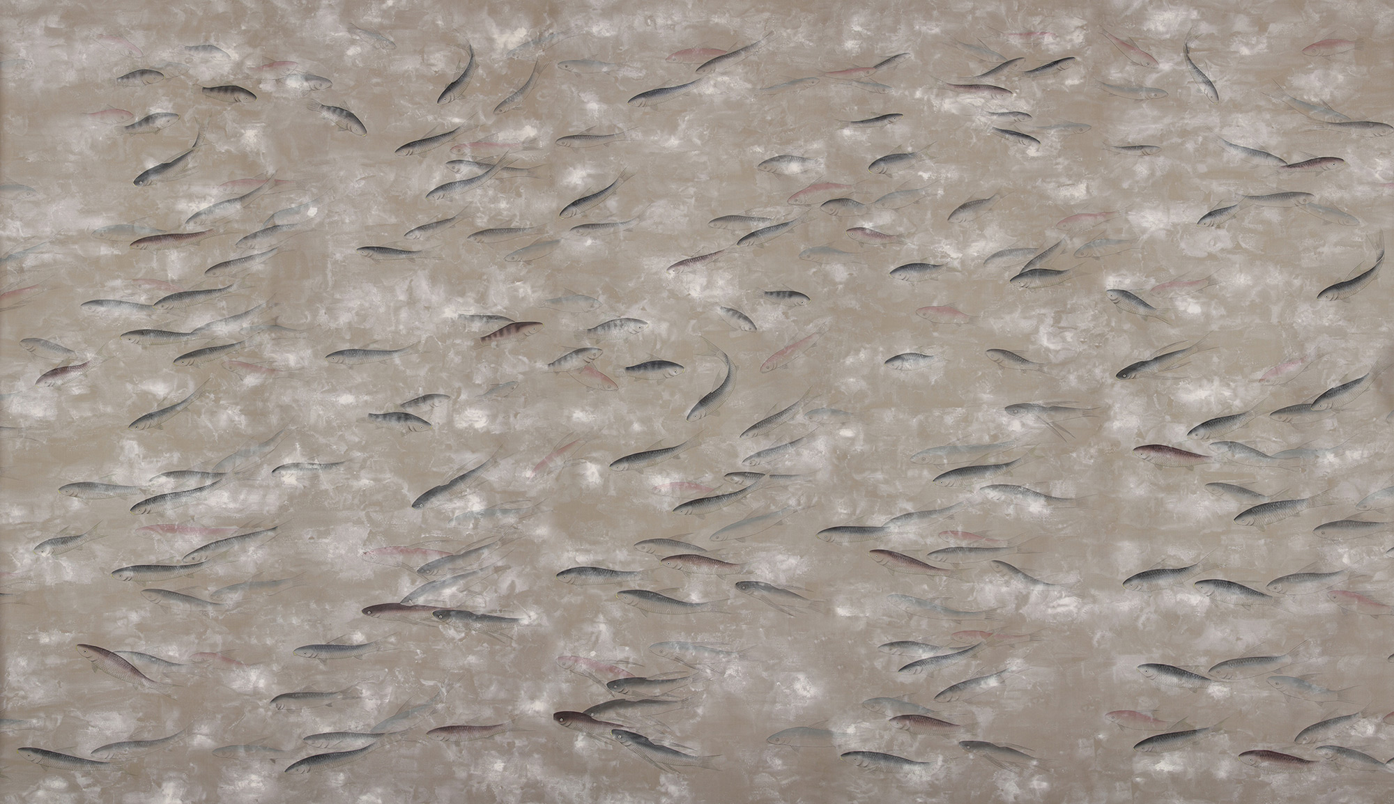 Обои ручная роспись Fishes Blue Pearl on Lead Grey dyed silk with antiquing Обои ручная роспись Fishes Blue Pearl on Lead Grey dyed silk with antiquing - постер Loft-Concept в Липецке