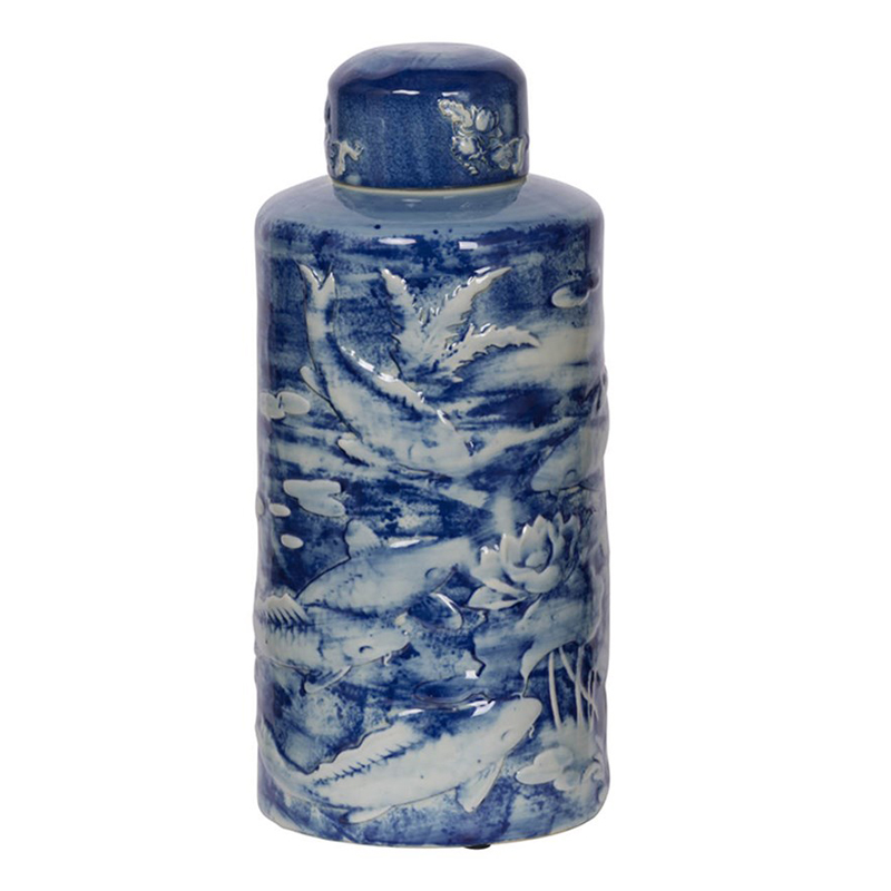 Ваза с крышкой Blue & White Fish Ornament Белый Синий Ваза с крышкой Blue & White Fish Ornament Белый Синий в Липецке | Loft Concept
