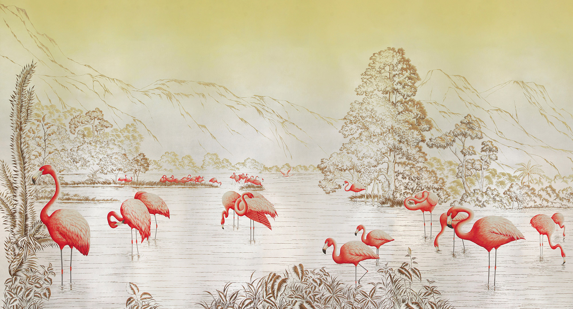 Обои ручная роспись Flamingos Colourway SC-120 on Sterling Silver gilded Xuan paper Обои ручная роспись Flamingos Colourway SC-120 on Sterling Silver gilded Xuan paper - постер Loft-Concept в Липецке