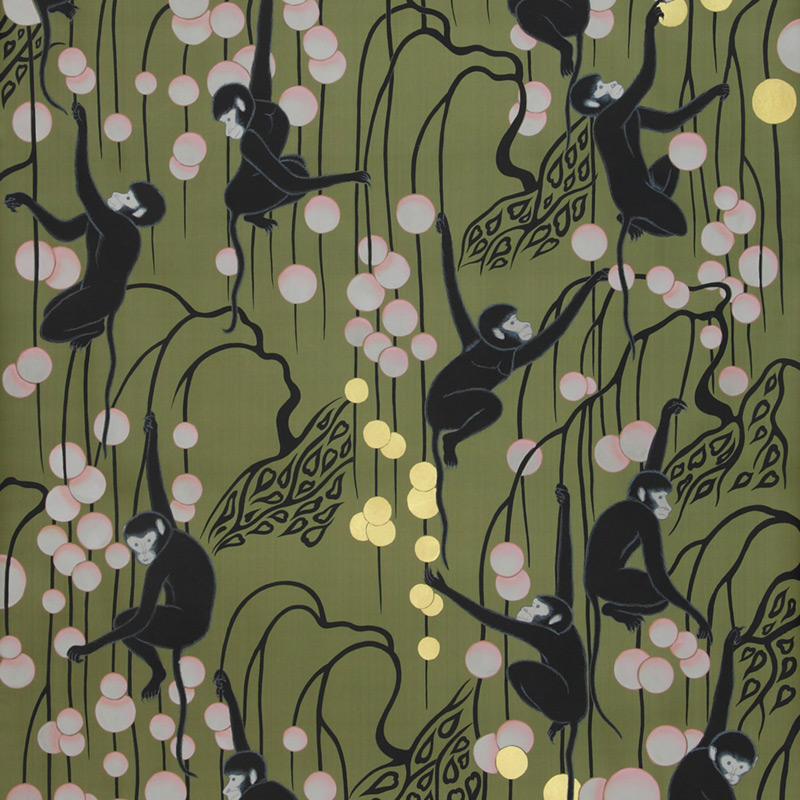 Обои ручная роспись Deco Monkeys Special Colourway on Olive dyed silk Обои ручная роспись Deco Monkeys Special Colourway on Olive dyed silk в Липецке | Loft Concept