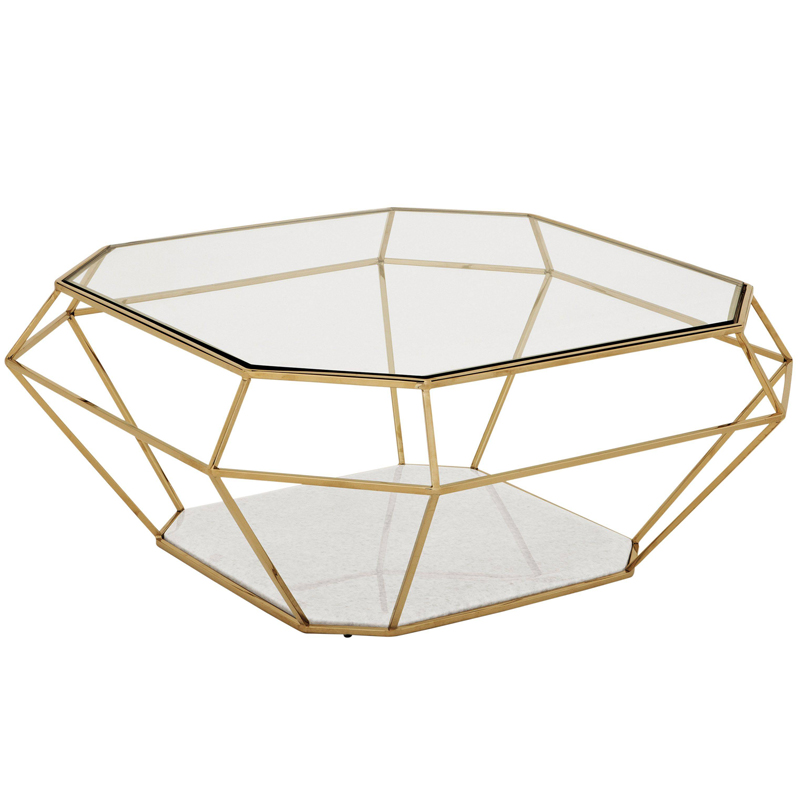 Кофейный стол Eichholtz Coffee Table Asscher Золотой Прозрачный Белый Мрамор Bianco Кофейный стол Eichholtz Coffee Table Asscher Золотой Прозрачный Белый Мрамор Bianco в Липецке | Loft Concept