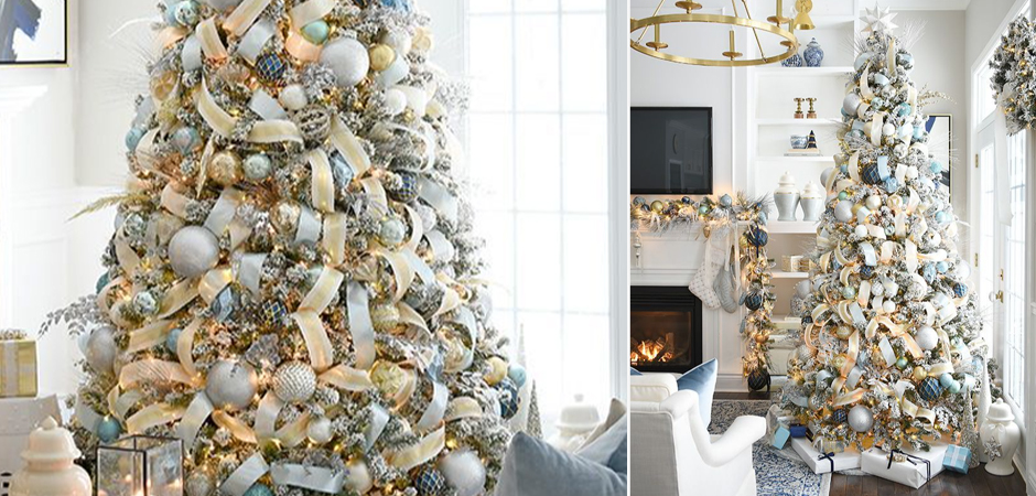 Дизайнерская Елка с Бежевым и Голубым Декором Blue Balloons and Beige Ribbons - фото №1