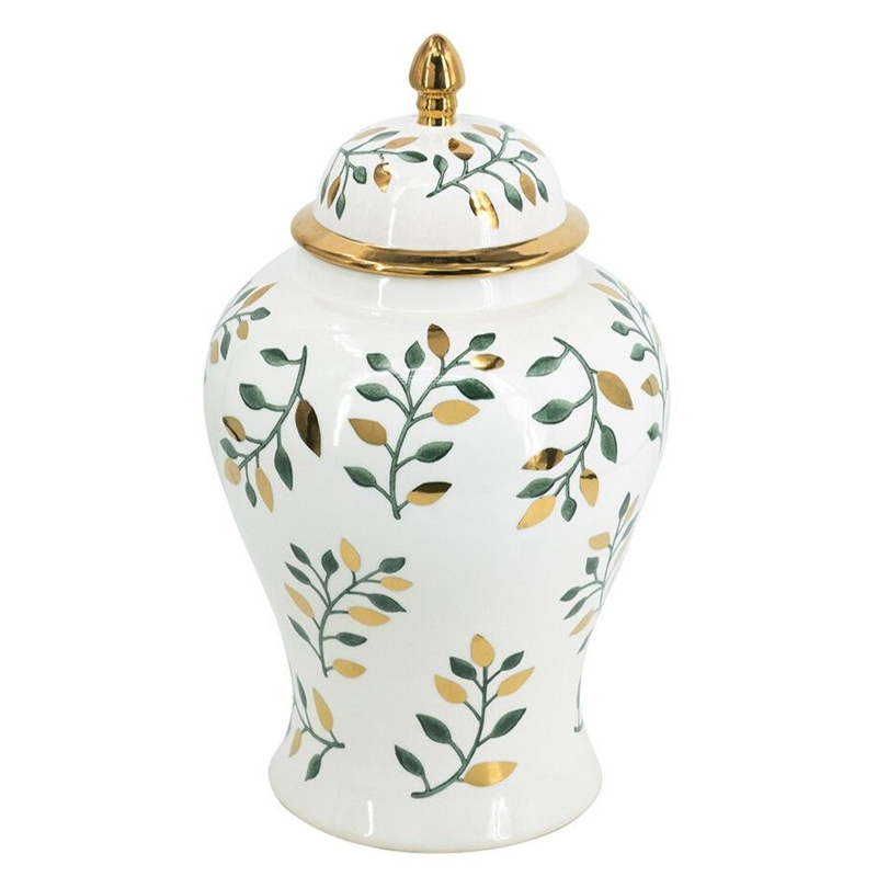 Ваза белая с крышкой с рисунком зеленых и золотых листьев 48 см Chinoiserie Ceramics Белый Зеленый Золотой Ваза белая с крышкой с рисунком зеленых и золотых листьев 48 см Chinoiserie Ceramics Белый Зеленый Золотой в Липецке | Loft Concept