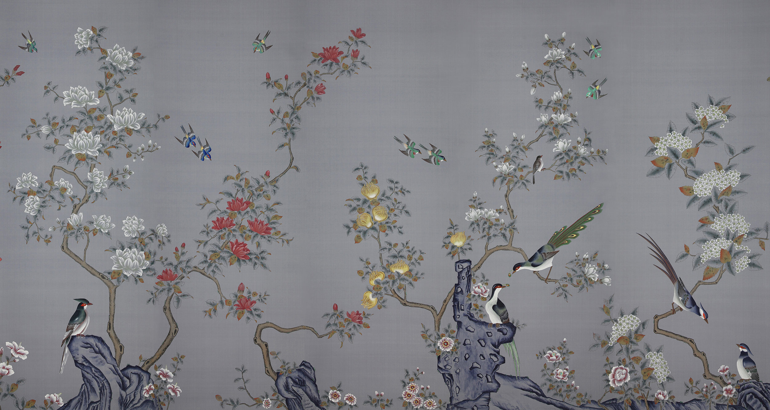 Обои ручная роспись Japanese Garden Original colourway on Gun Metal dyed silk Обои ручная роспись Japanese Garden Original colourway on Gun Metal dyed silk - постер Loft-Concept в Липецке