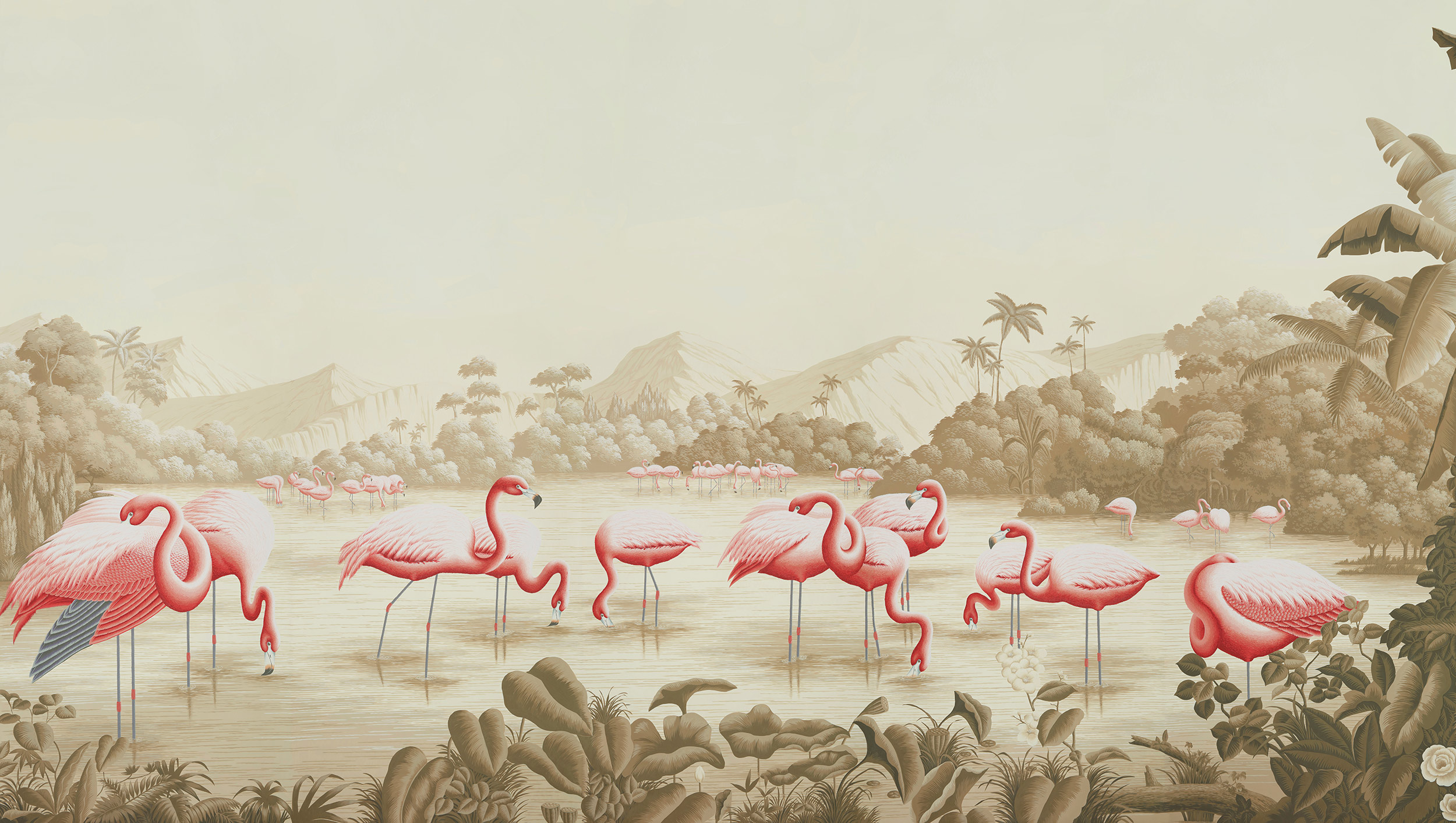 Обои ручная роспись Flamingos Flamingo on Sepia scenic paper Обои ручная роспись Flamingos Flamingo on Sepia scenic paper - постер Loft-Concept в Липецке