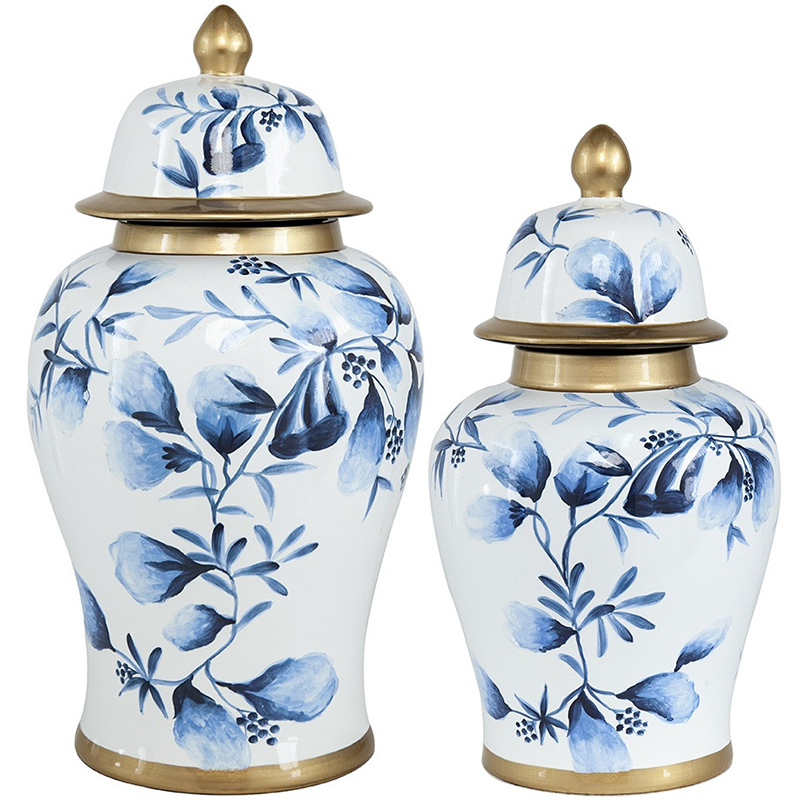 Ваза с крышкой Blue Plant Vase Золотой Белый Синий Ваза с крышкой Blue Plant Vase Золотой Белый Синий в Липецке | Loft Concept