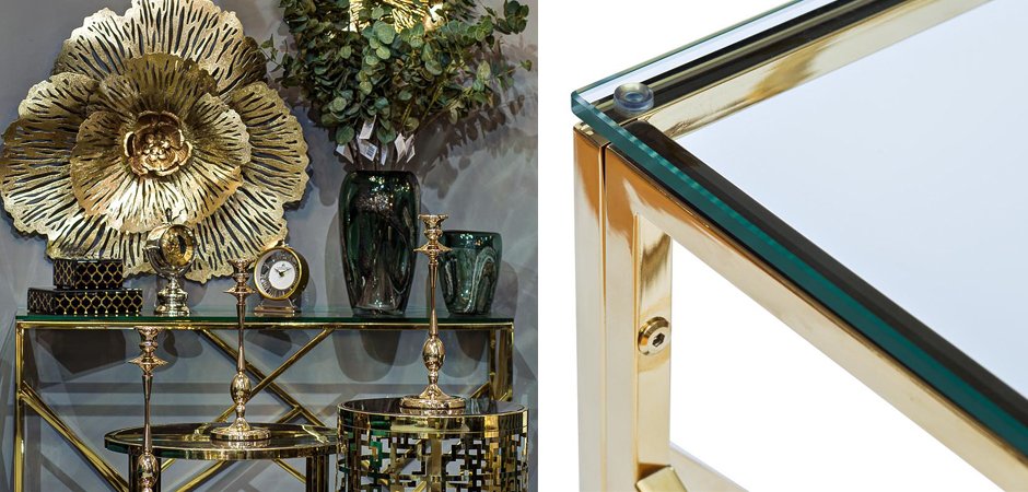 Консоль Serene Furnishing Gold Clear Glass Top Console Консоль Serene Furnishing Gold Clear Glass Top Console - Loft-Concept в Липецке