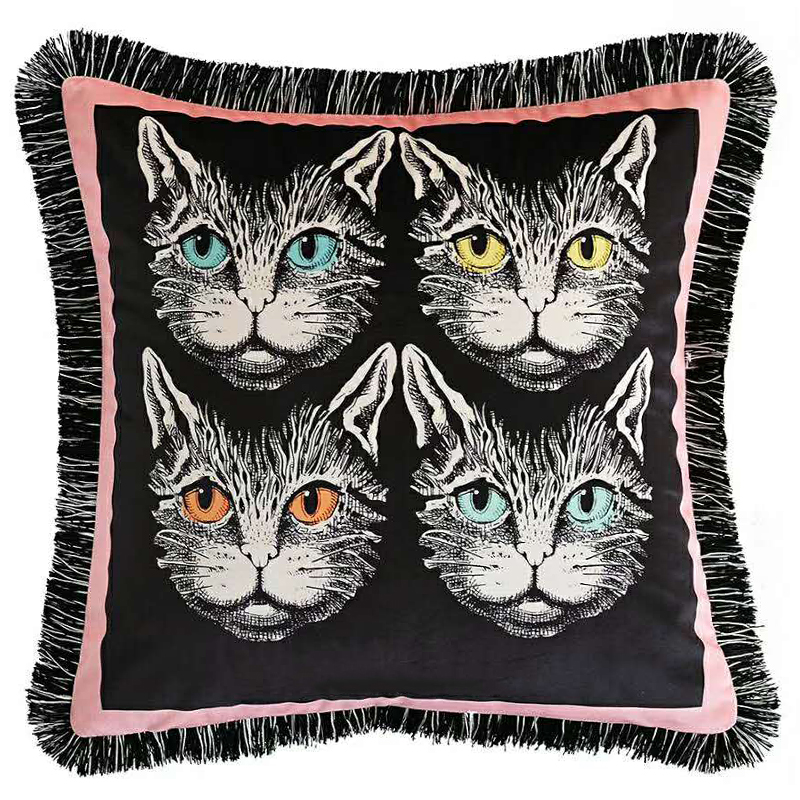 Декоративная подушка с вышивкой Cтиль Gucci Four Cats Черный Розовый Белый Декоративная подушка с вышивкой Cтиль Gucci Four Cats Черный Розовый Белый в Липецке | Loft Concept