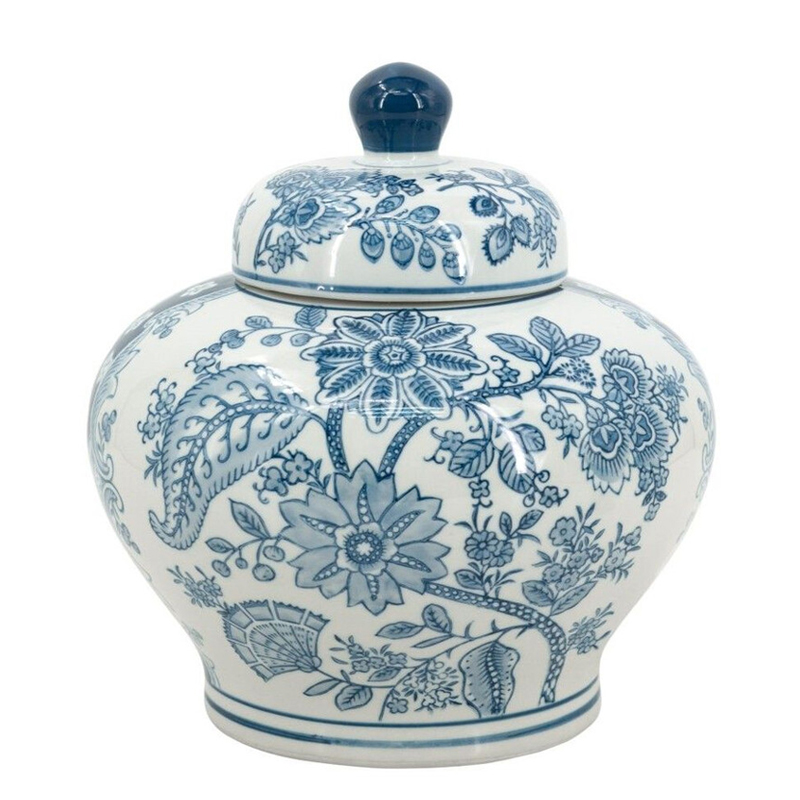 Ваза с крышкой и синим узором в виде цветов и листьев Blue & White Ornament Белый Синий Ваза с крышкой и синим узором в виде цветов и листьев Blue & White Ornament Белый Синий в Липецке | Loft Concept