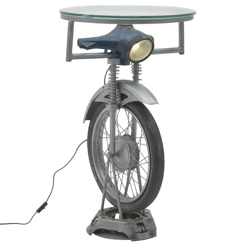 Круглый обеденный стол с подстольем в виде мопеда с подсветкой Motorbike Shaped Side Table Серый Черный Серо-голубой Круглый обеденный стол с подстольем в виде мопеда с подсветкой Motorbike Shaped Side Table Серый Черный Серо-голубой в Липецке | Loft Concept