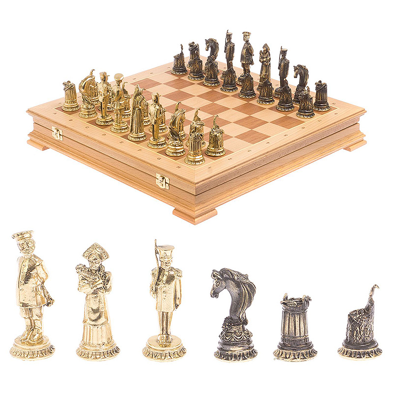 Шахматы из бронзы в ларце из натурального бука Decorative Thematic Chess  Бронза Золотой Коричневый в Липецке | Loft Concept 