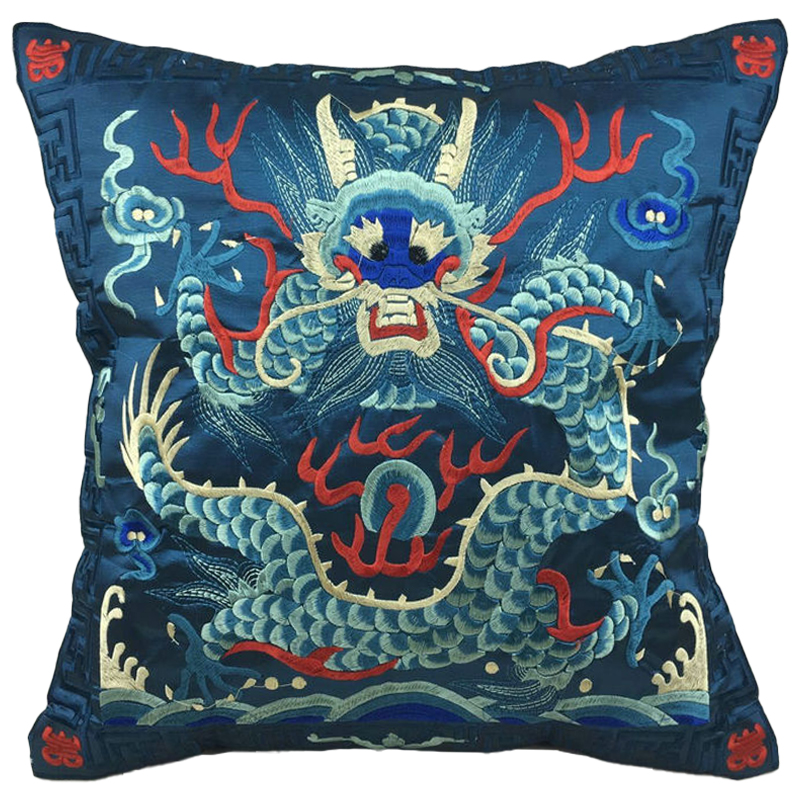 Декоративная подушка с вышивкой Chinese Dragon Blue Мульти Синий Декоративная подушка с вышивкой Chinese Dragon Blue Мульти Синий в Липецке | Loft Concept