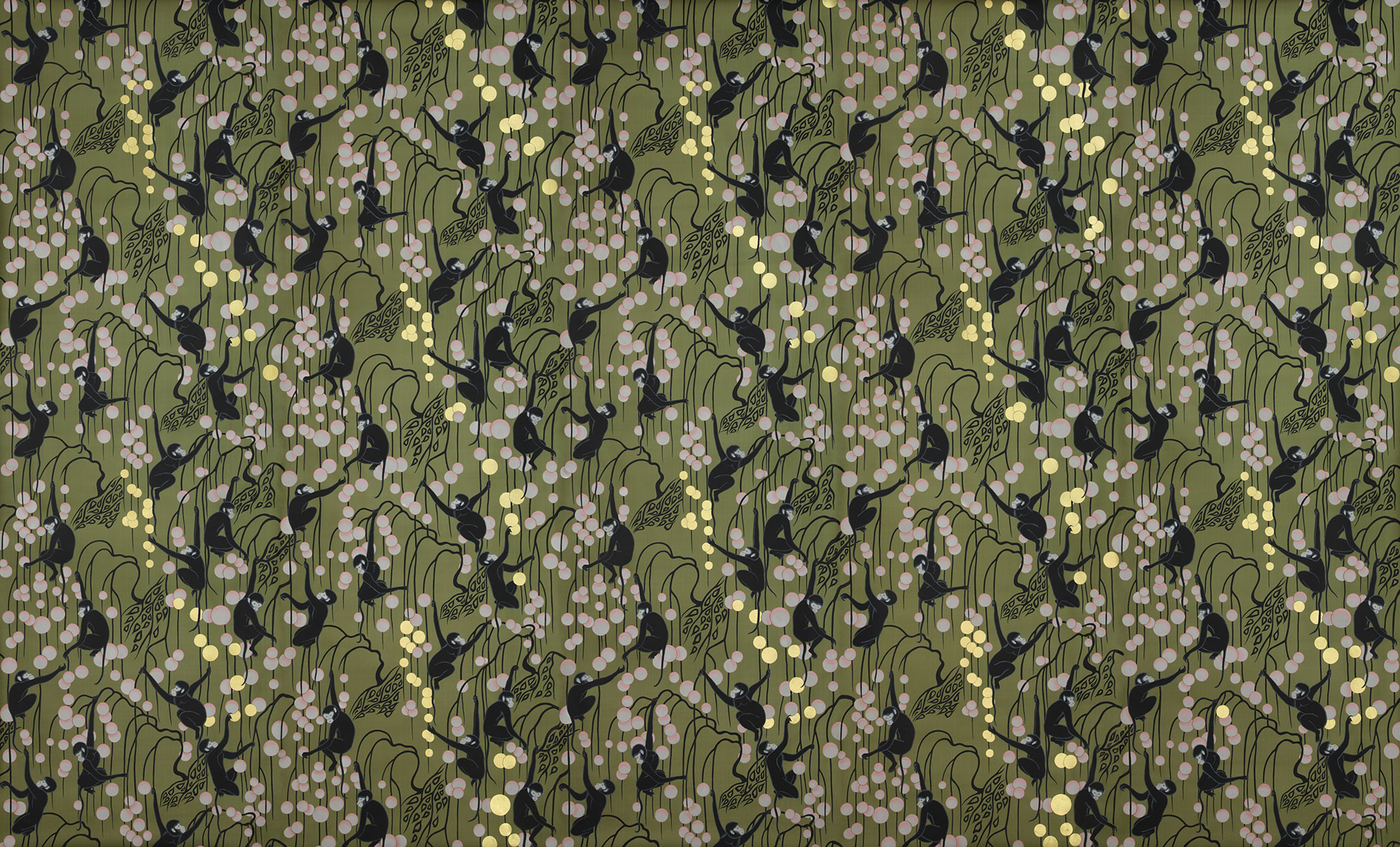 Обои ручная роспись Deco Monkeys Special Colourway on Olive dyed silk Обои ручная роспись Deco Monkeys Special Colourway on Olive dyed silk - постер Loft-Concept в Липецке