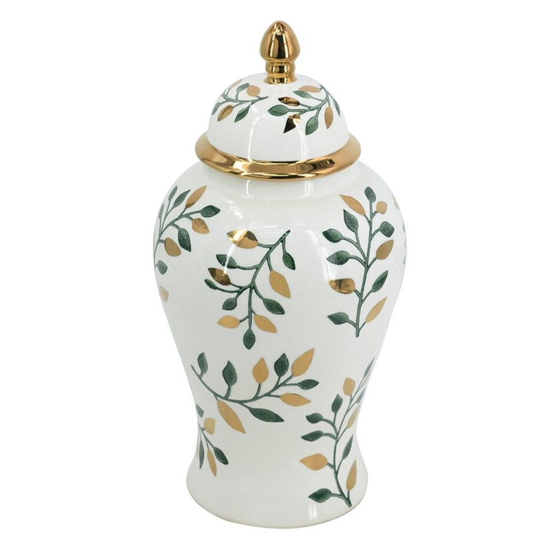 Ваза белая с крышкой с рисунком зеленых и золотых листьев 40 см Chinoiserie Ceramics Белый Зеленый Золотой Ваза белая с крышкой с рисунком зеленых и золотых листьев 40 см Chinoiserie Ceramics Белый Зеленый Золотой в Липецке | Loft Concept