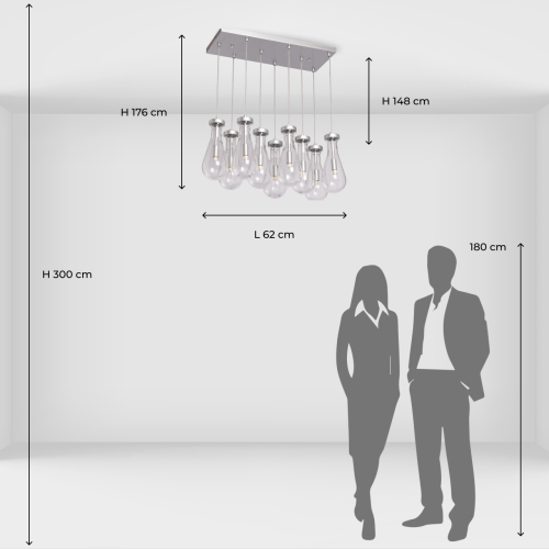 Люстра с 9-ю прозрачными плафонами из стекла в форме капли на прямоугольном потолочном основании цвета хром Lucid Rain  в Липецке