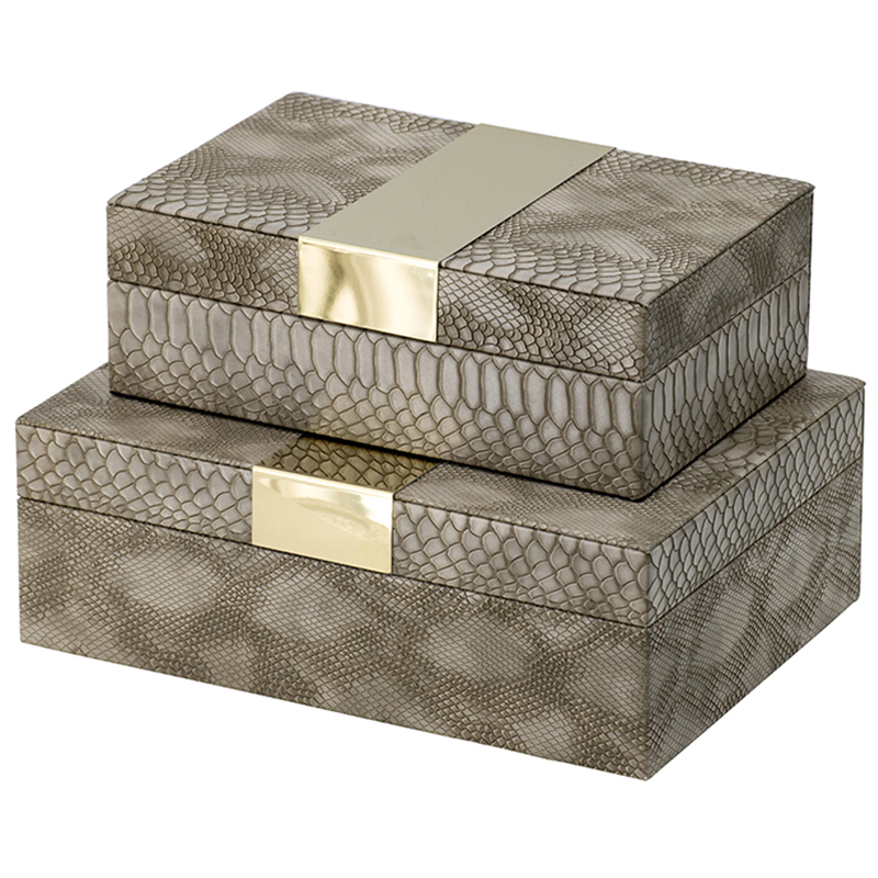 Комплект шкатулок Imitation Snakeskin Boxes Бежево-серый Глянцевое золото Комплект шкатулок Imitation Snakeskin Boxes Бежево-серый Глянцевое золото в Липецке | Loft Concept