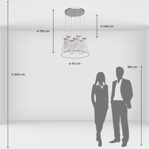 Люстра с 7-ю прозрачными плафонами из стекла в форме капли на круглом потолочном основании цвета хром Lucid Rain  в Липецке