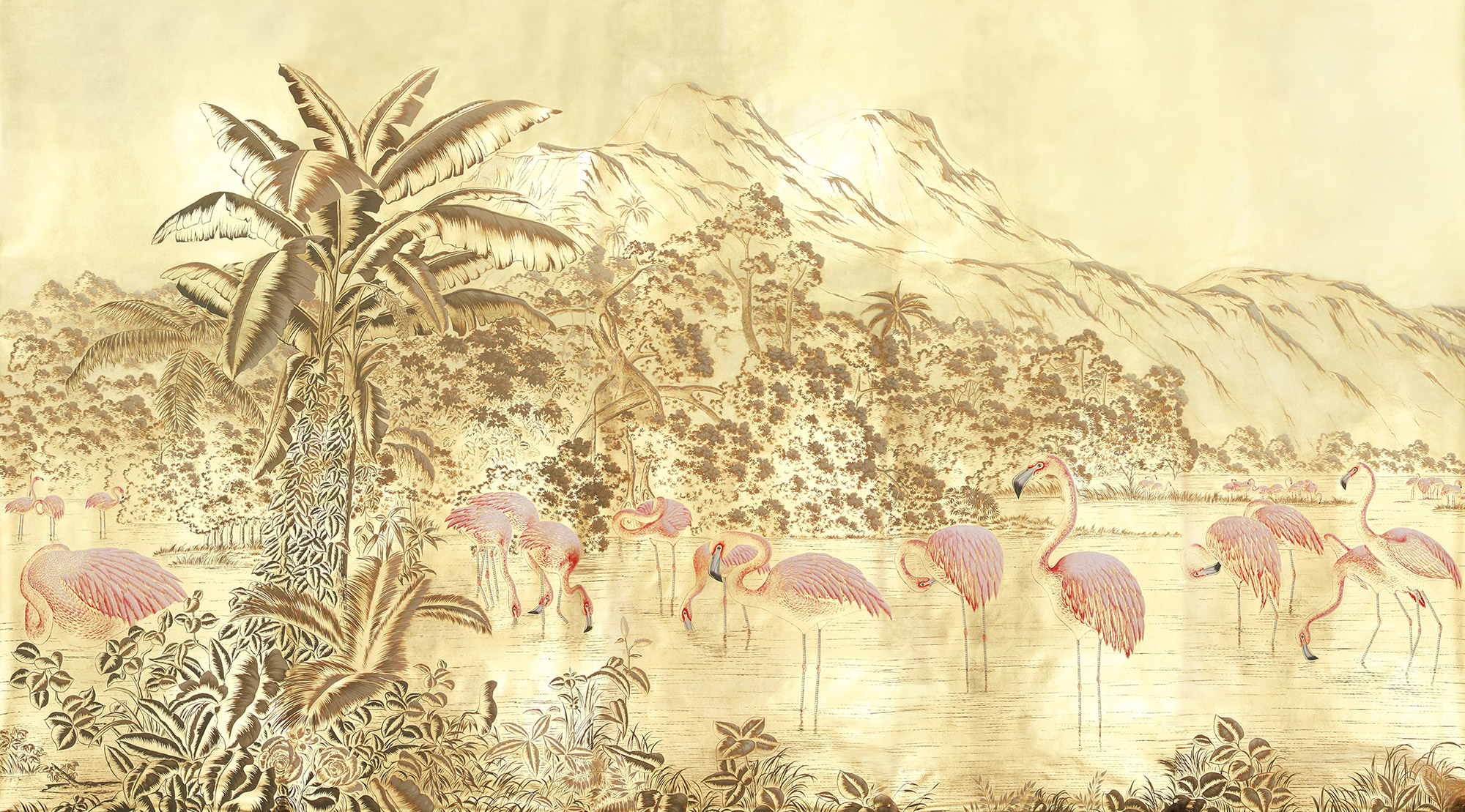 Обои ручная роспись Flamingos Flamingo on Deep Rich Gold gilded paper Обои ручная роспись Flamingos Flamingo on Deep Rich Gold gilded paper - постер Loft-Concept в Липецке