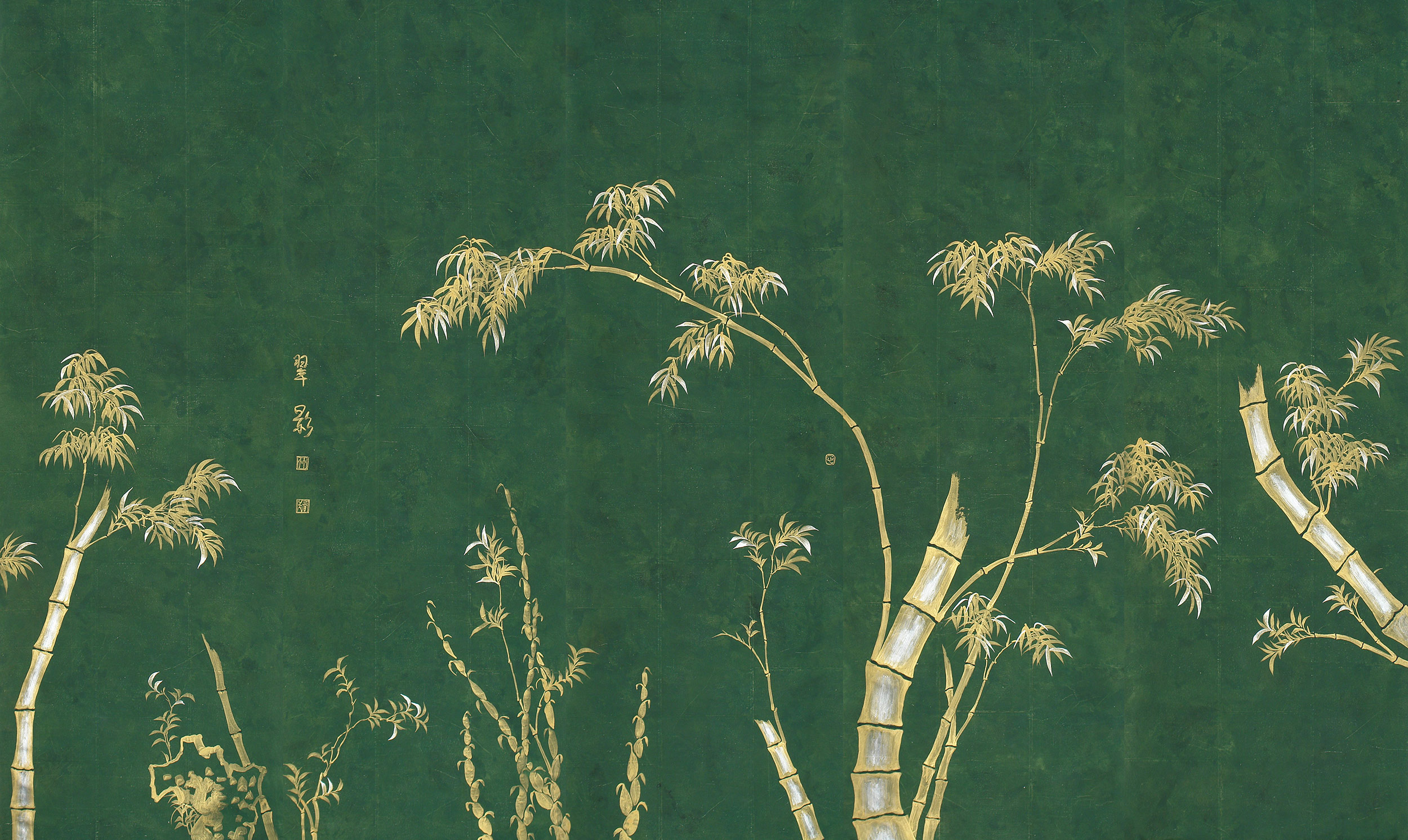 Обои ручная роспись Bamboo Golden on Edo Green India tea paper Обои ручная роспись Bamboo Golden on Edo Green India tea paper - постер Loft-Concept в Липецке