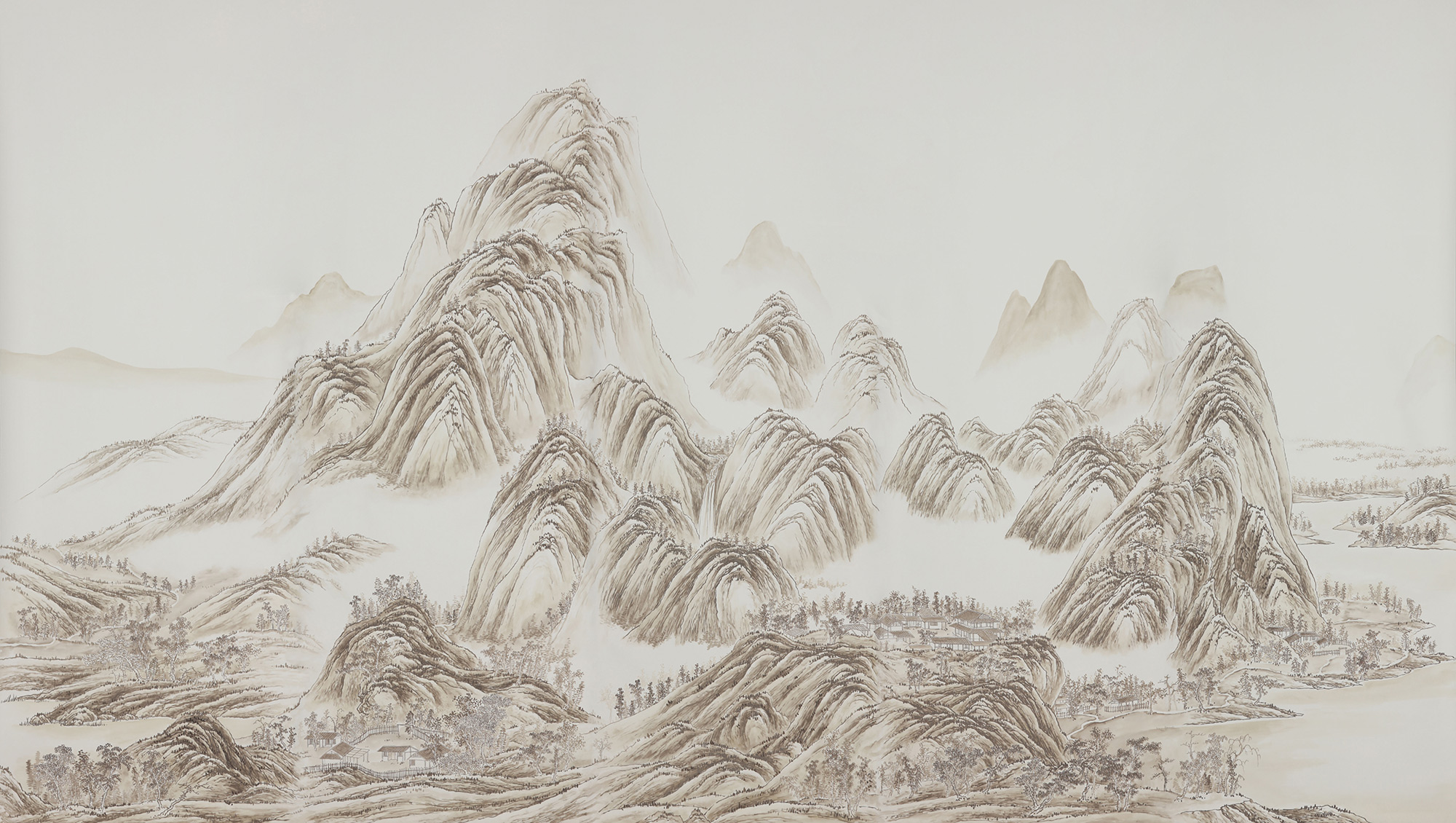Обои ручная роспись A Thousand Li of Rivers and Mountains Special Colourway on Bleached White dyed silk 2 Обои ручная роспись A Thousand Li of Rivers and Mountains Special Colourway on Bleached White dyed silk 2 - постер Loft-Concept в Липецке