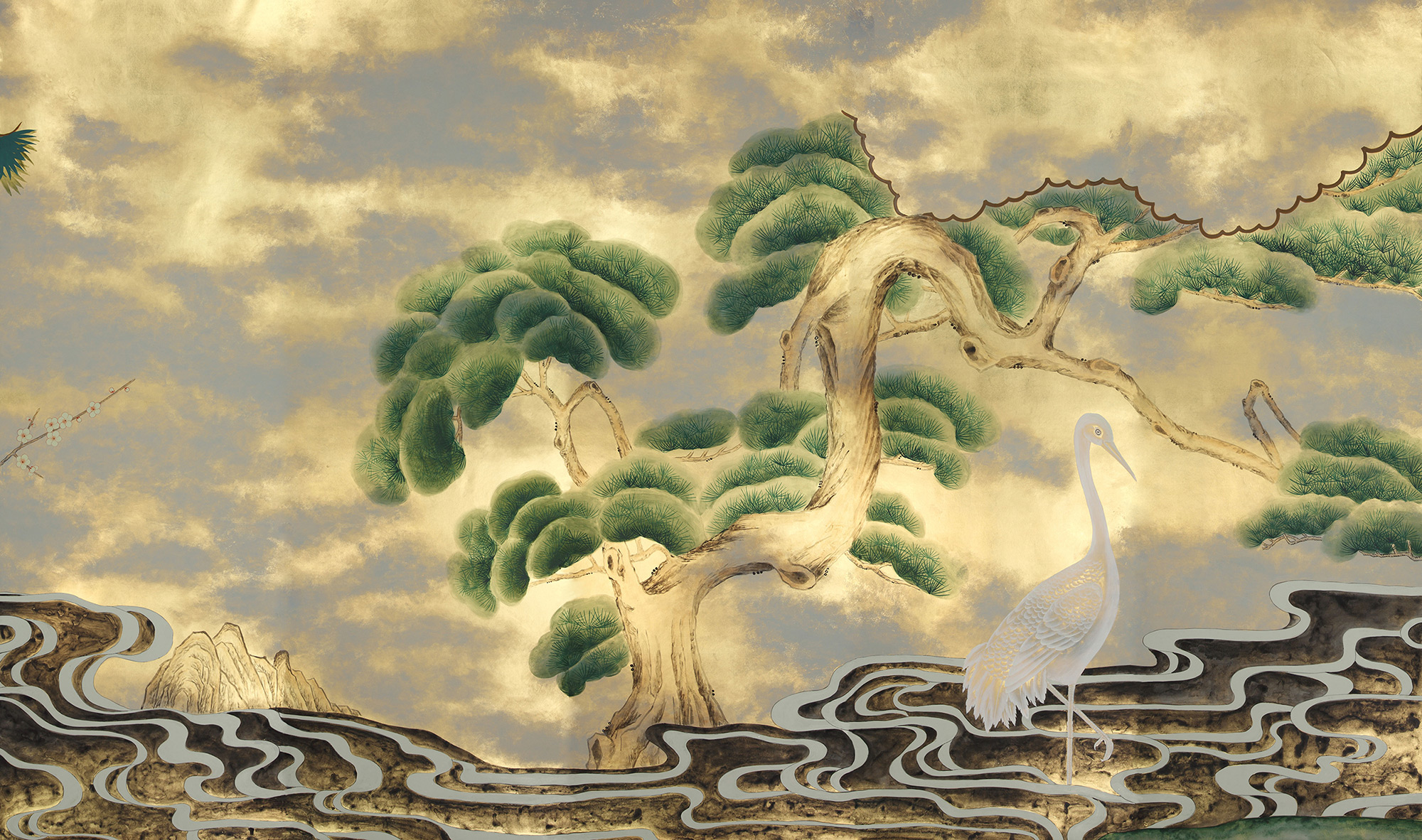 Обои ручная роспись Bamboo River Blossom Original colourway on Deep Rich Gold gilded paper with pearlescent antiquing Обои ручная роспись Bamboo River Blossom Original colourway on Deep Rich Gold gilded paper with pearlescent antiquing - постер Loft-Concept в Липецке