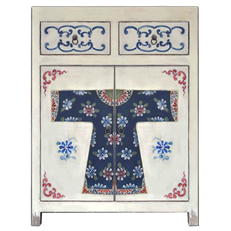 Белая тумба из массива сосны в Китайском стиле ручная роспись White Chinese Nightstand Белый Синий Зеленый Красный в Липецке | Loft Concept 
