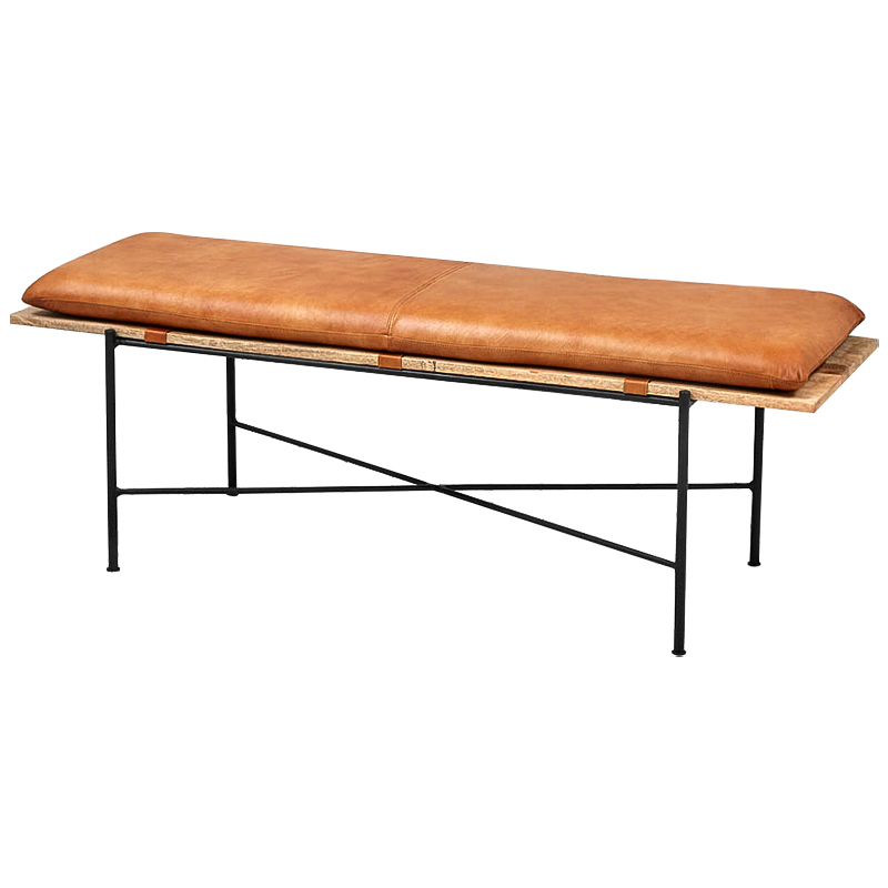 Банкетка Leather Metal Wood Bench Карамель Древесина Черный Банкетка Leather Metal Wood Bench Карамель Древесина Черный в Липецке | Loft Concept