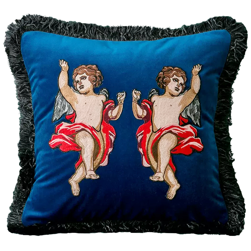 Декоративная подушка с вышивкой Стиль Gucci Angels Cushion Blue Синий Мульти Декоративная подушка с вышивкой Стиль Gucci Angels Cushion Blue Синий Мульти в Липецке | Loft Concept