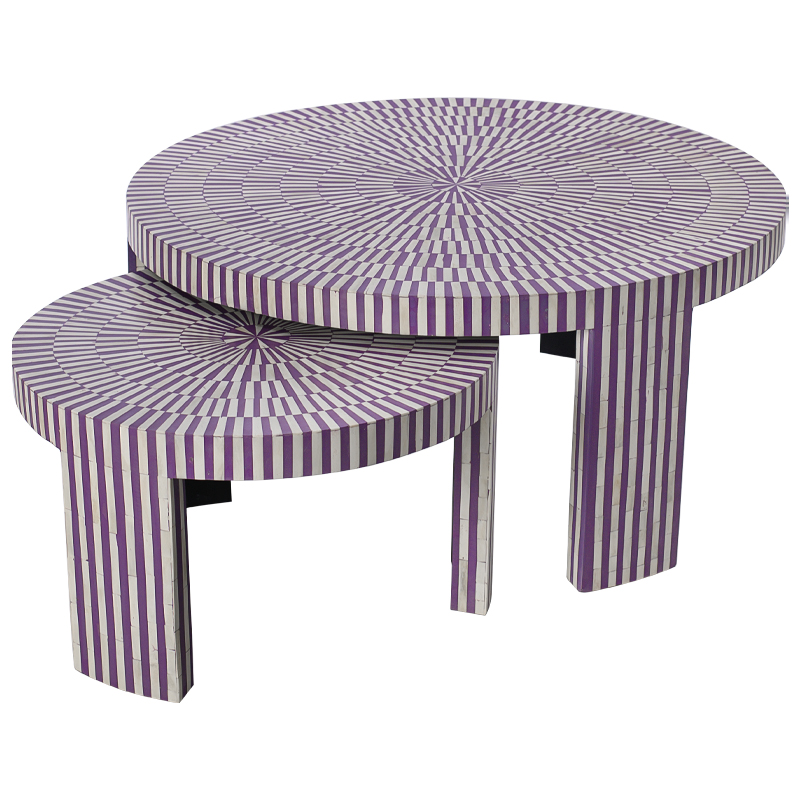 Комплект столиков Bone Inlay Round Violet Фиолетовый Белый Комплект столиков Bone Inlay Round Violet Фиолетовый Белый в Липецке | Loft Concept