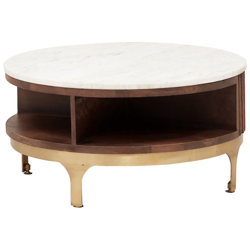 Круглый кофейный стол Sadie Round Coffee Table Белый Коричневый Латунь Круглый кофейный стол Sadie Round Coffee Table Белый Коричневый Латунь в Липецке | Loft Concept